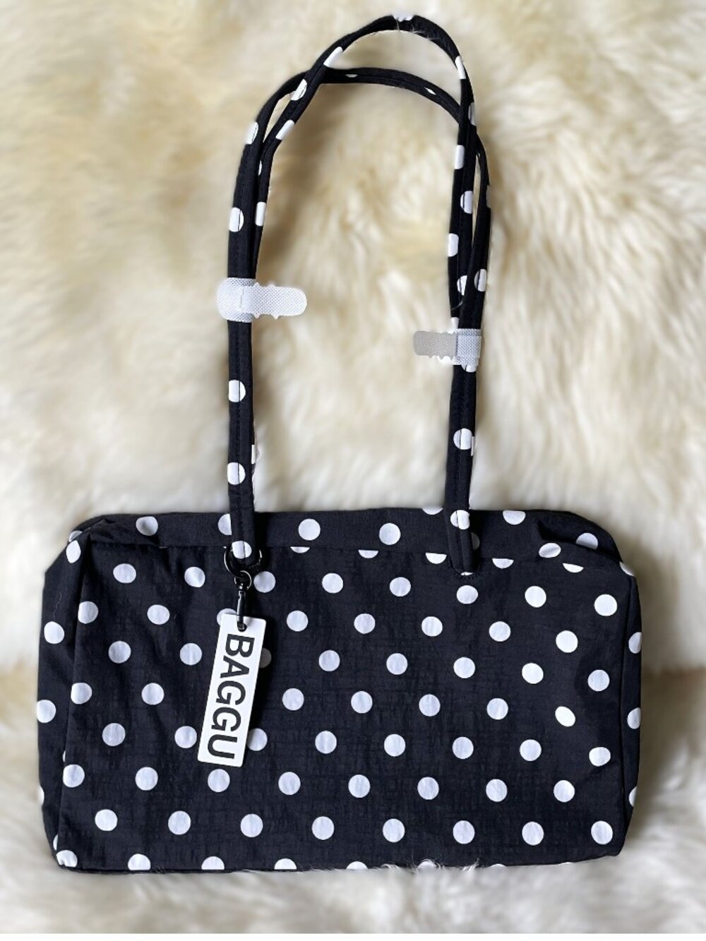 NWT Baggu Medium Nylon Bowler Bag - Black w/ White Polka Dot